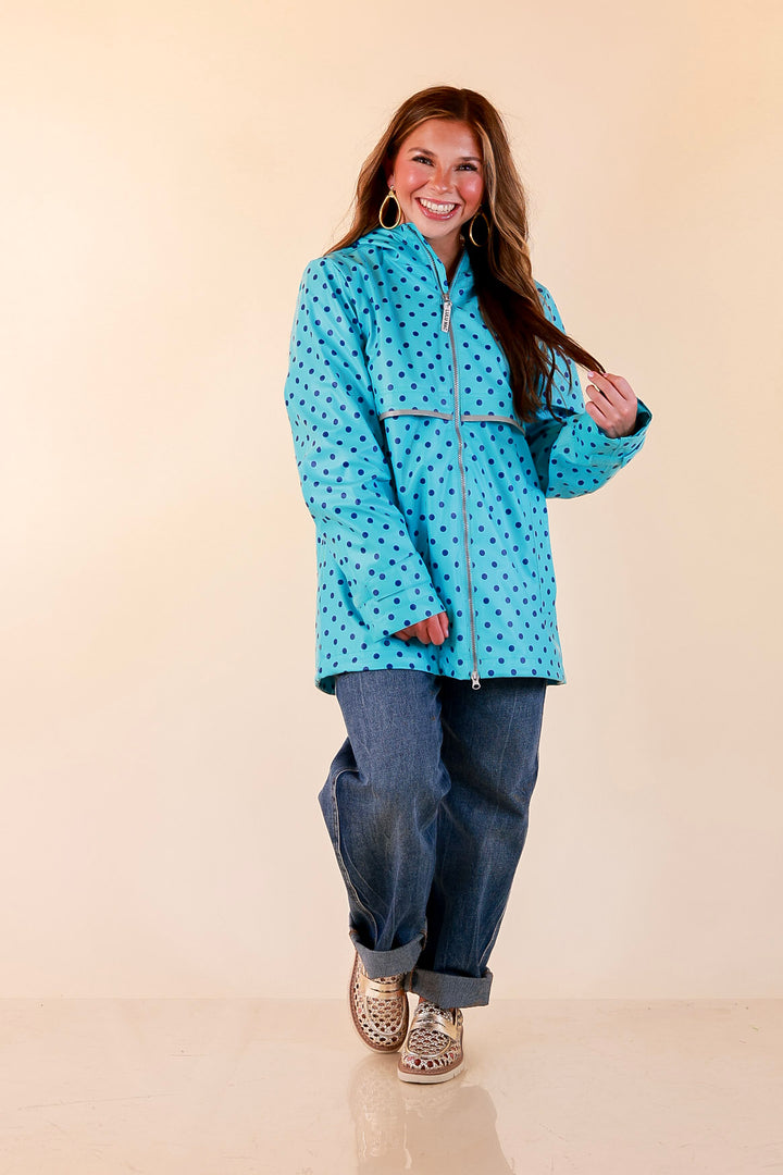Lulu Mac | Chic Forecast Navy Blue Polka Dot Hooded Rain Jacket in Turquoise Blue