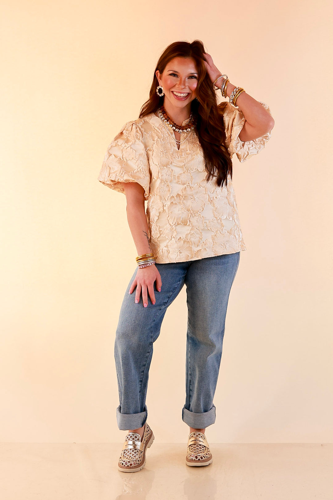 Pretty in Practice Textured Floral Print Puff Sleeve Blouse in Champagne Ivory