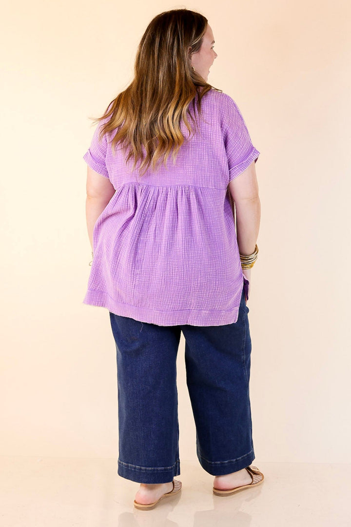 Simple Statement Quarter Button Up Short Drop Sleeve Shirt in Purple