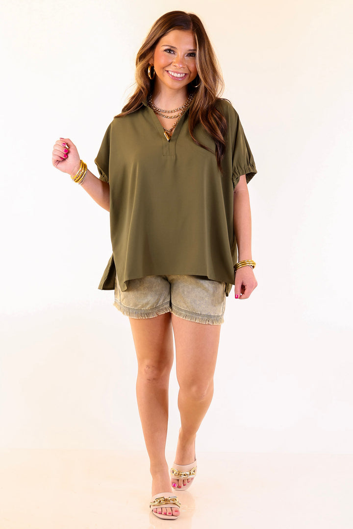 Fresh Start Collared V-Neck Blouse With Drop Shoulder in Olive Green