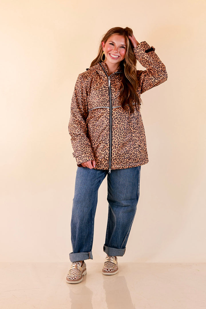 Girly Girl | Chic Forecast Leopard Print Hooded Rain Jacket in Camel Brown