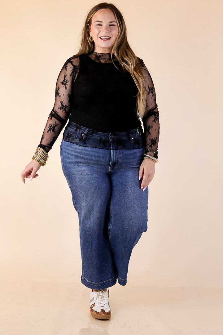 Daringly Delicate Sheer Mock Neck Long Sleeve Lace Top in Black