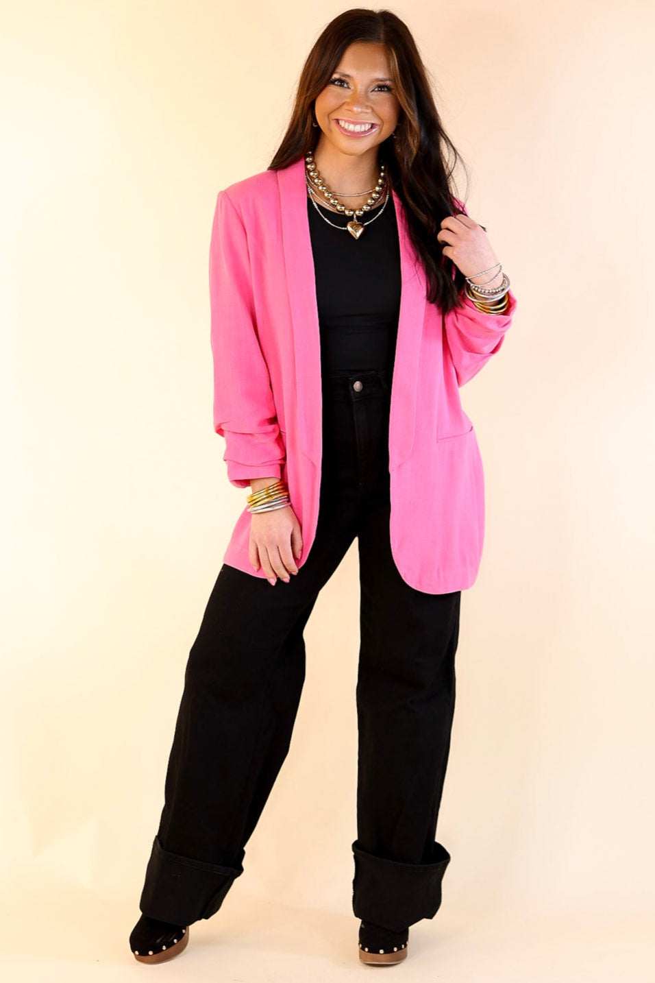 Promise Me Open Front Linen Blazer in Hot Pink