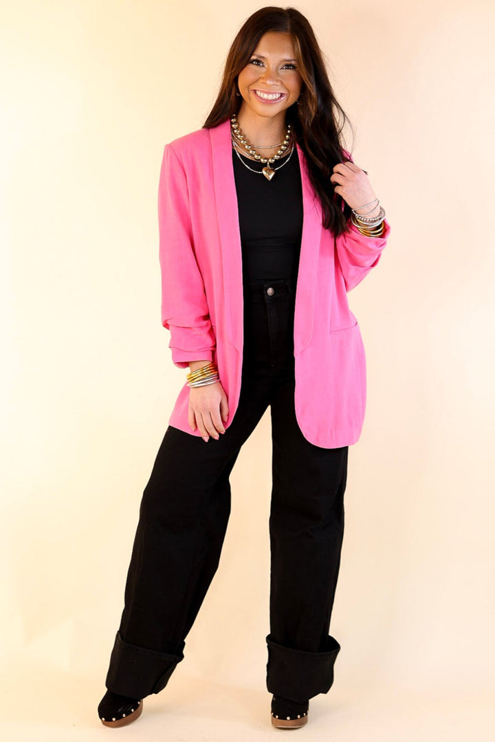 Promise Me Open Front Linen Blazer in Hot Pink