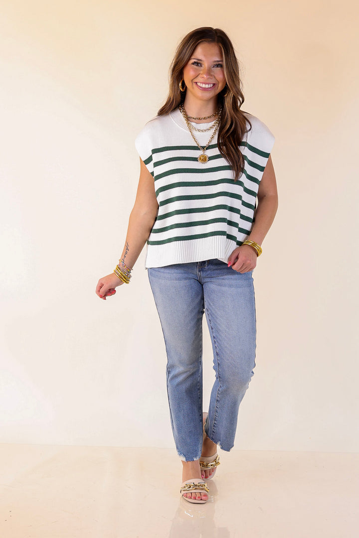 Stripe Things Up Drop Shoulder Knit Sweater in White with Forest Green Stripes