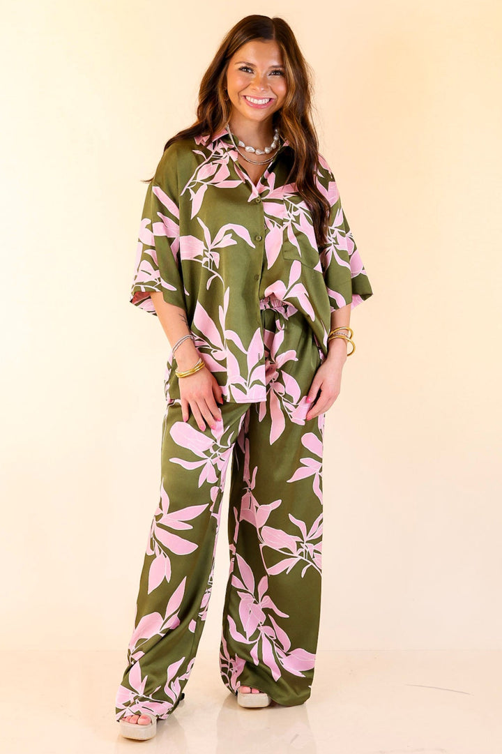 Calm and Collected Drawstring Bottoms with Pink Leaves in Olive Green