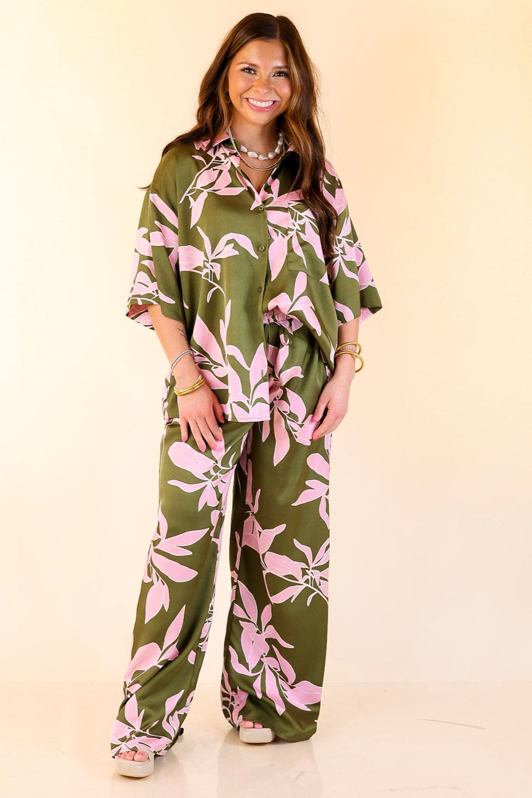 Calm and Collected Button Up Top with Pink Leaves in Olive Green