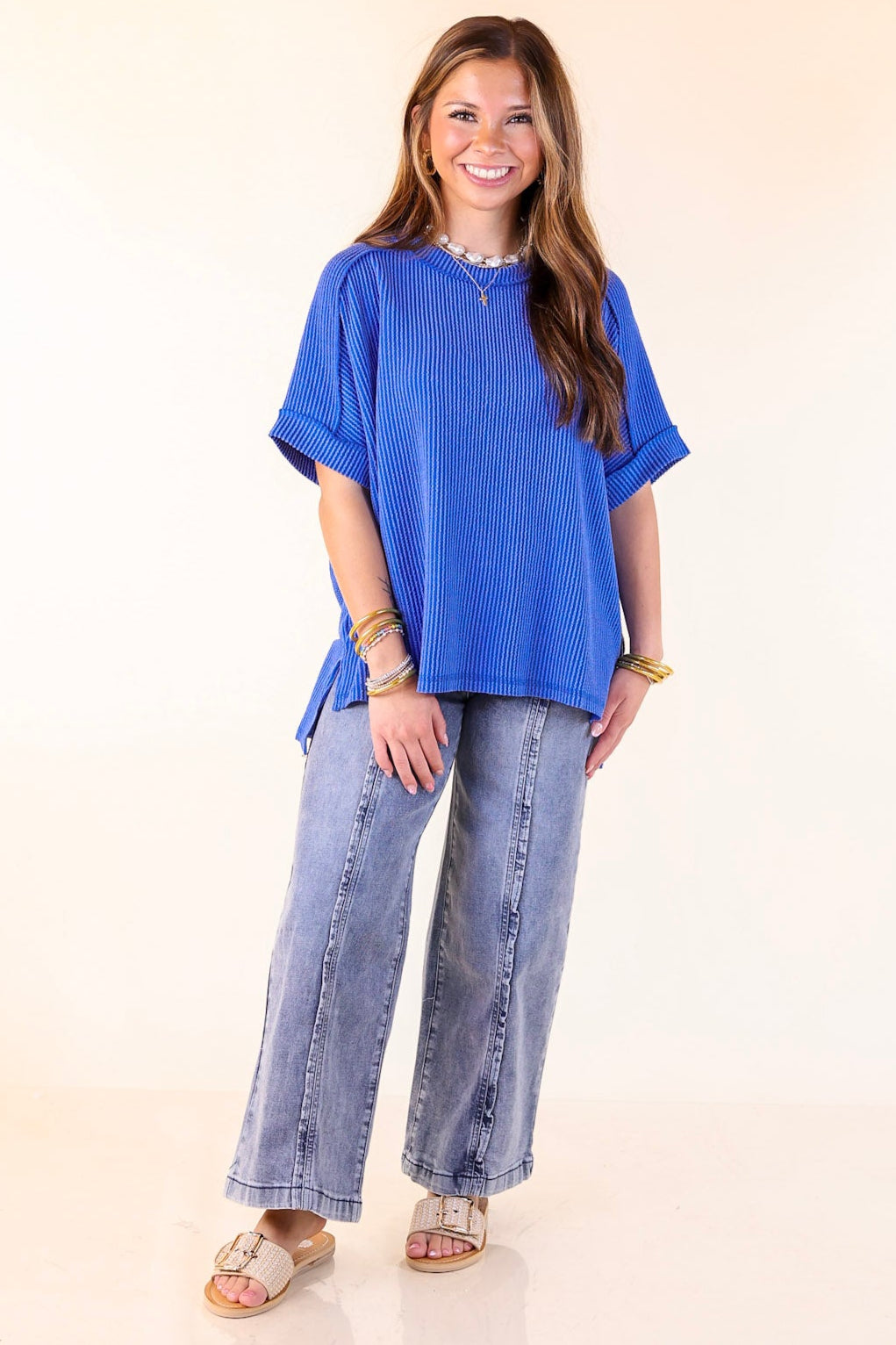 Daily Perfection Scoop Neck Short Sleeve Ribbed Top in Royal Blue