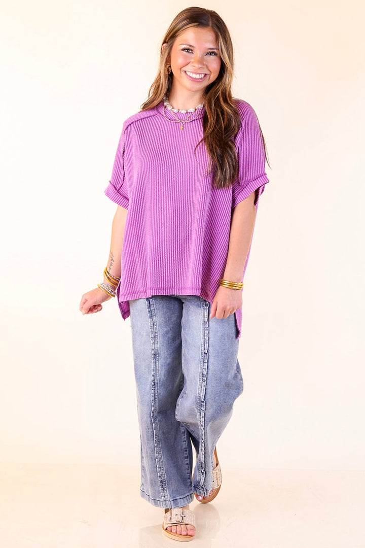 Daily Perfection Scoop Neck Short Sleeve Ribbed Top in Purple