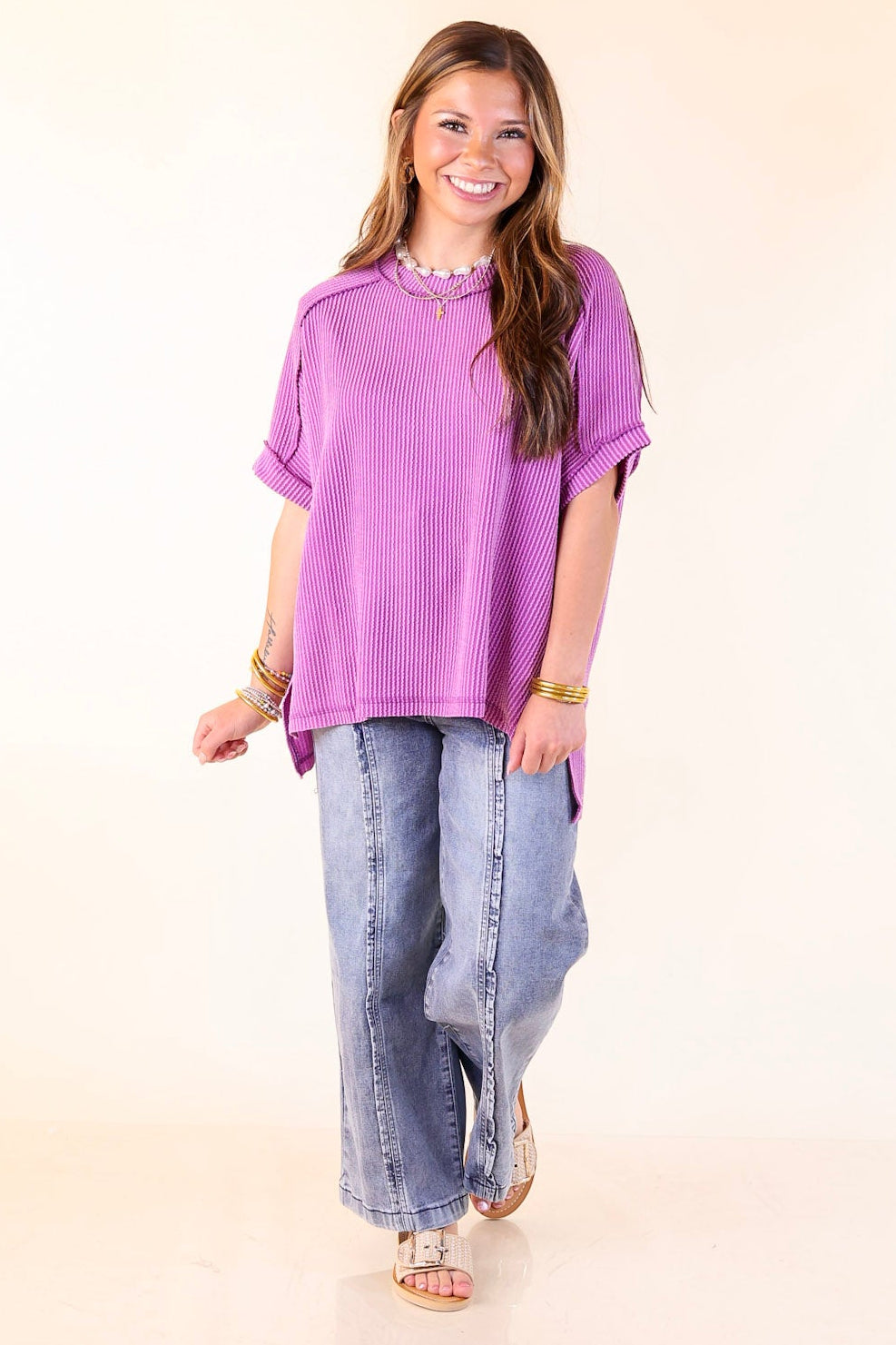 Daily Perfection Scoop Neck Short Sleeve Ribbed Top in Purple