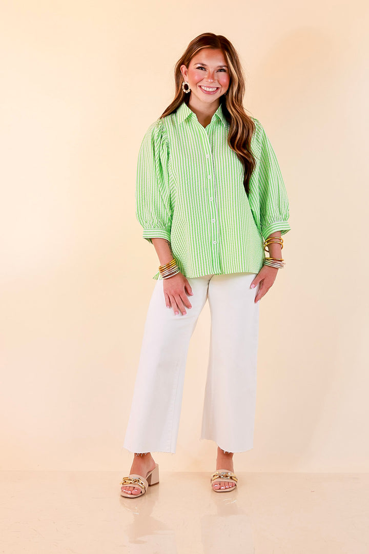 Crisp and Collected Stripe Button Front Collared Top with Puff Short Sleeves in Lime Green and White