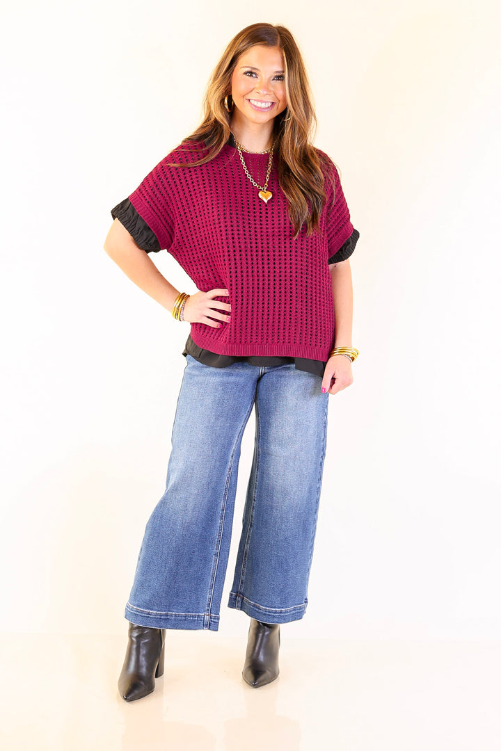 Breezy Intentions Open Knit Short Sleeve Sweater in Maroon