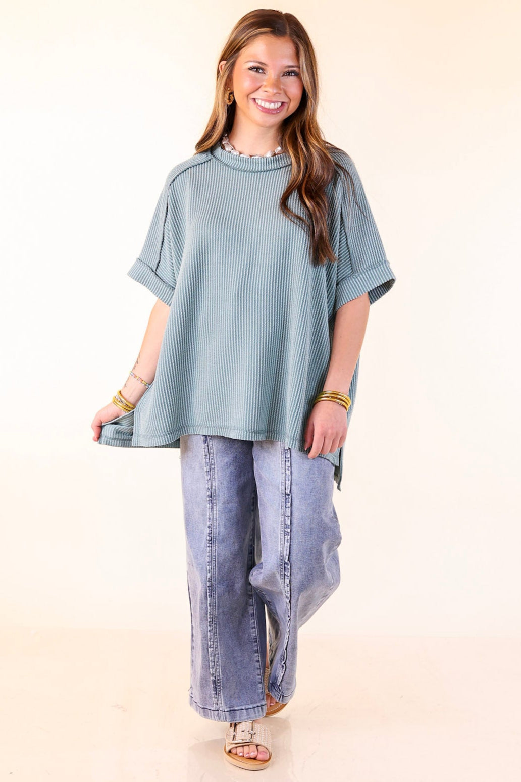 Daily Perfection Scoop Neck Short Sleeve Ribbed Top in Jade Green