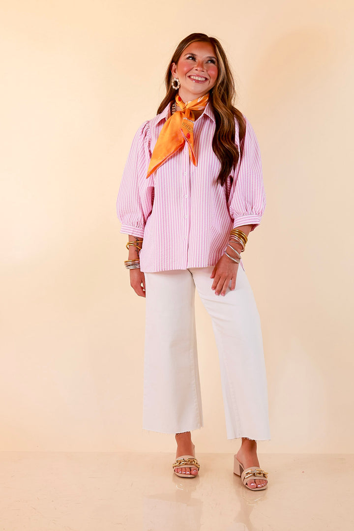 Crisp and Collected Stripe Button Front Collared Top with Puff Short Sleeves in Pink and White