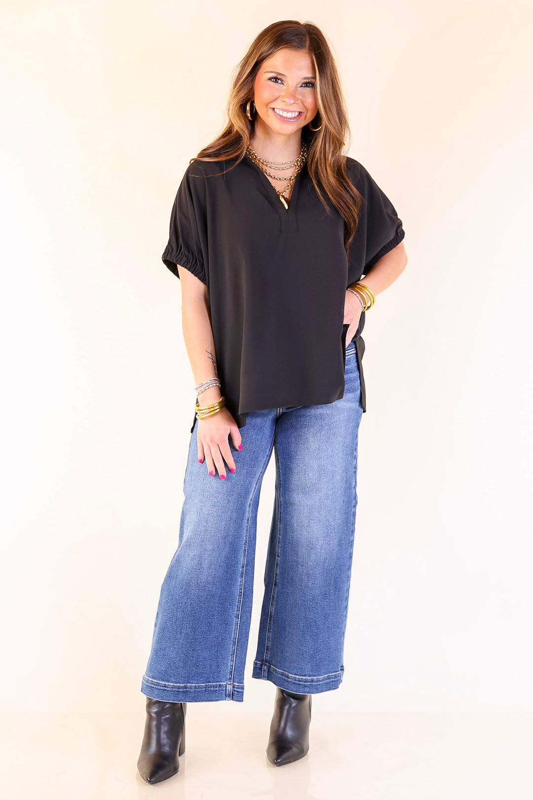 Fresh Start Collared V-Neck Blouse With Drop Shoulder in Black