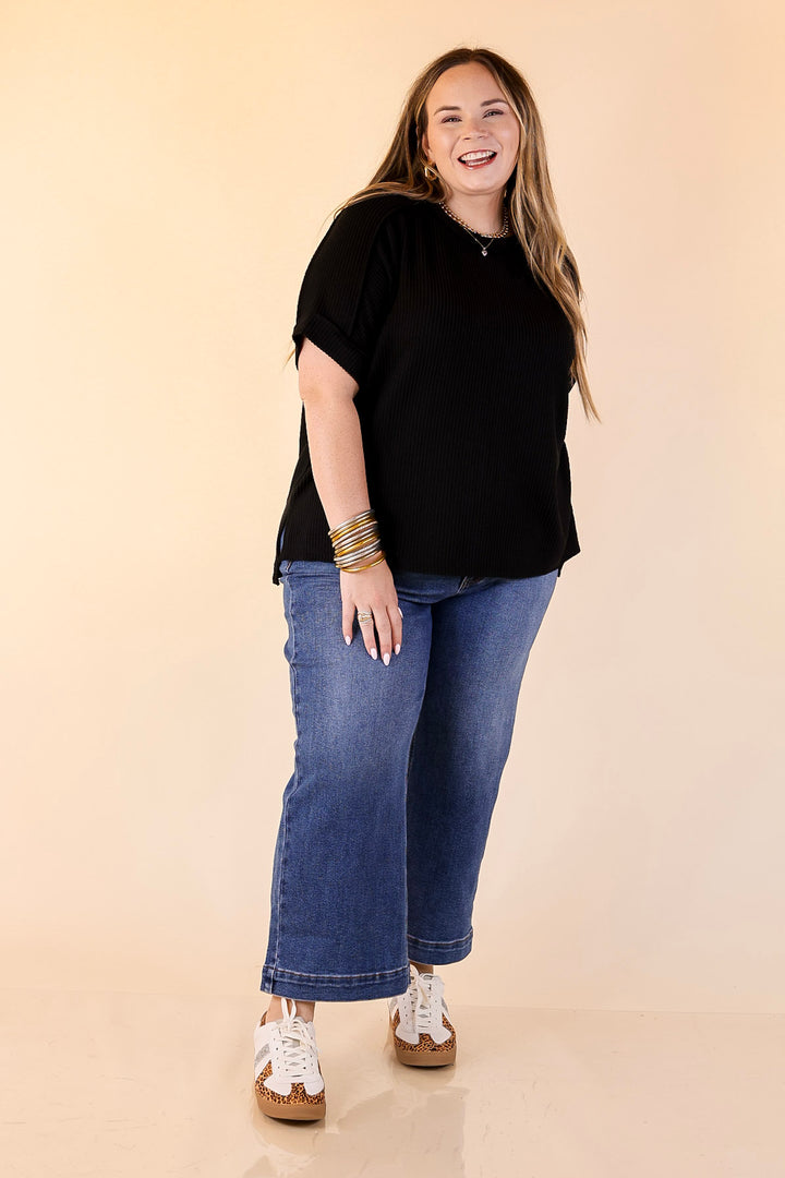 Daily Perfection Scoop Neck Short Sleeve Ribbed Top in Black