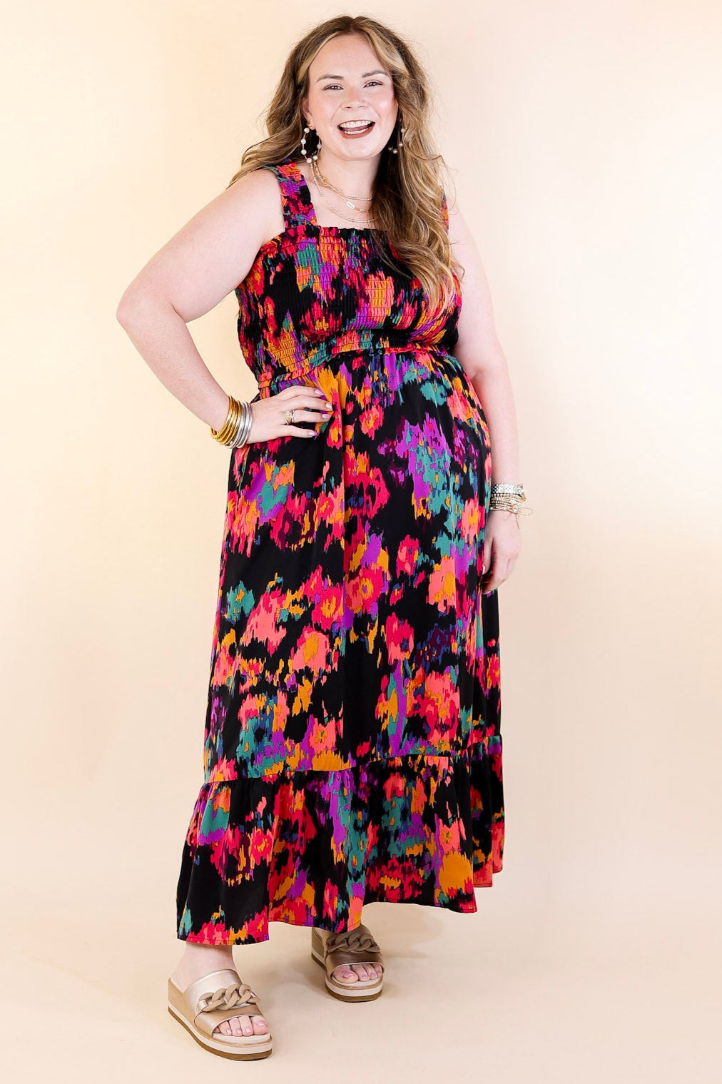 My Night Out Smocked Bodice Dress with Multicolor Abstract Print in Black