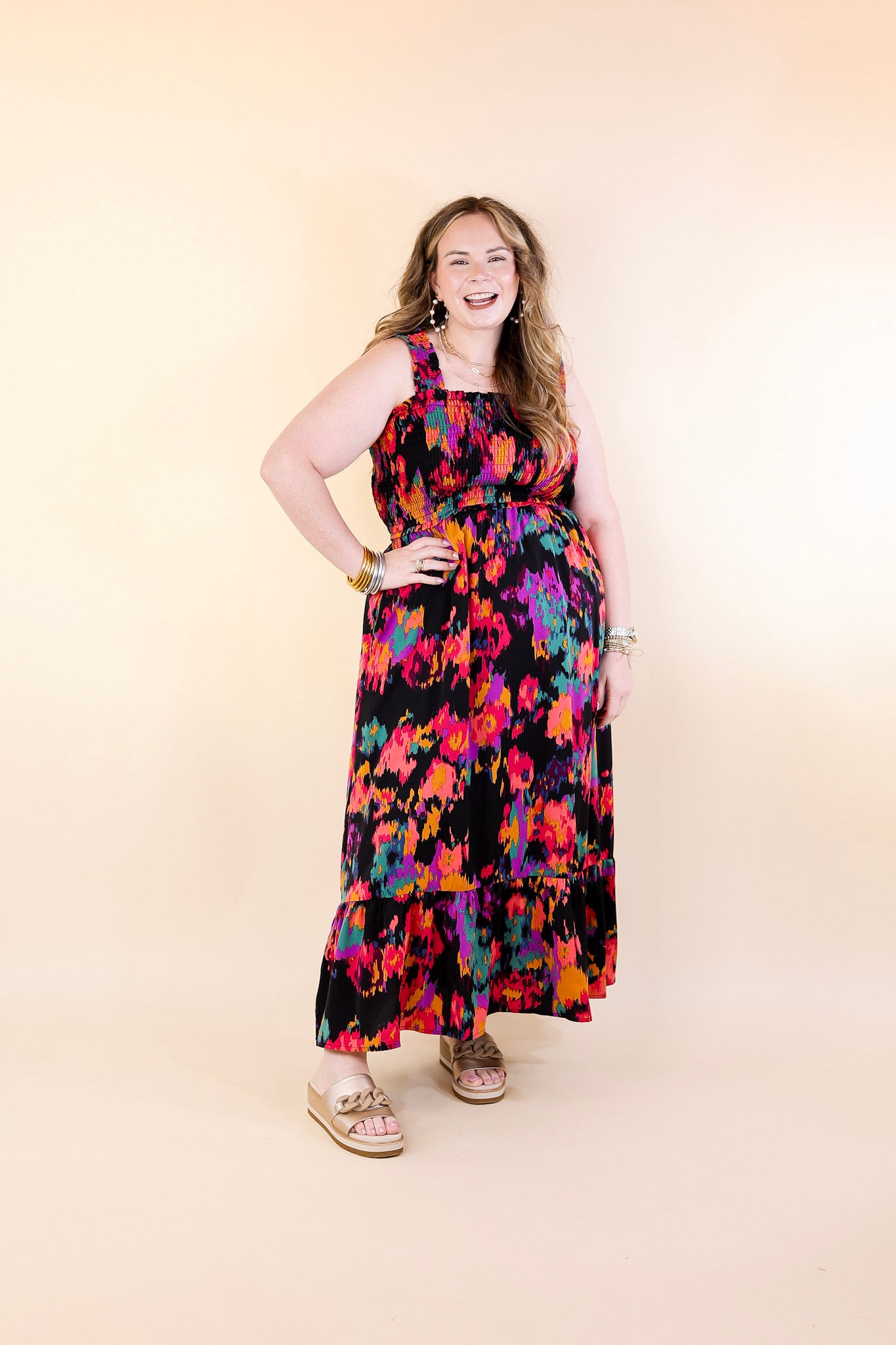 My Night Out Smocked Bodice Dress with Multicolor Abstract Print in Black