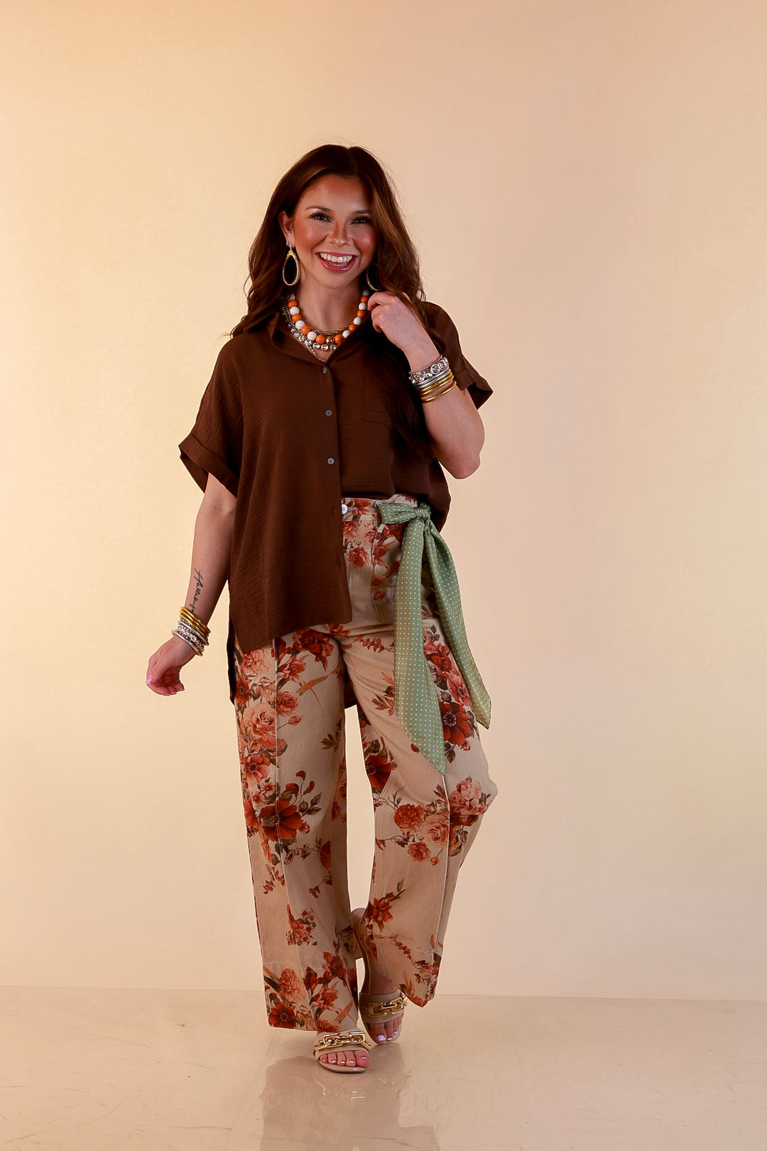 Timeless Appeal Woven Airflow Button Front Top with Rolled Cuff Short Sleeves and Front Pocket in Chocolate Brown