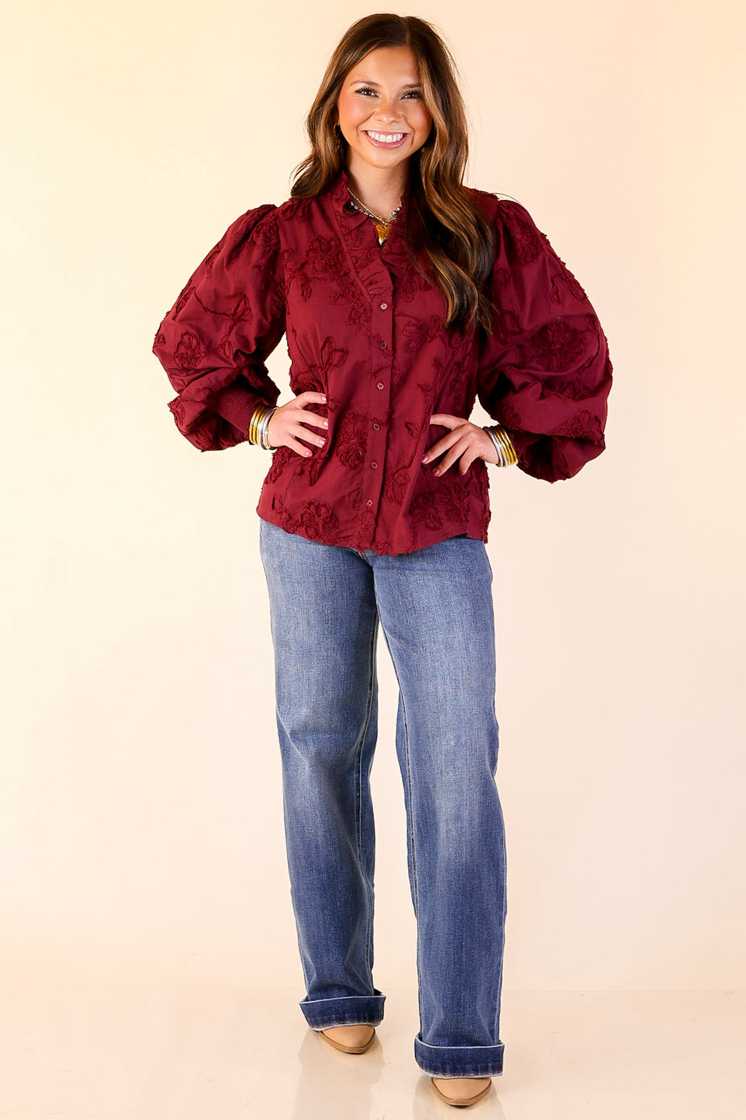 Timeless Romance Ruffled V Neck Floral Applique Embroidered Top in Maroon