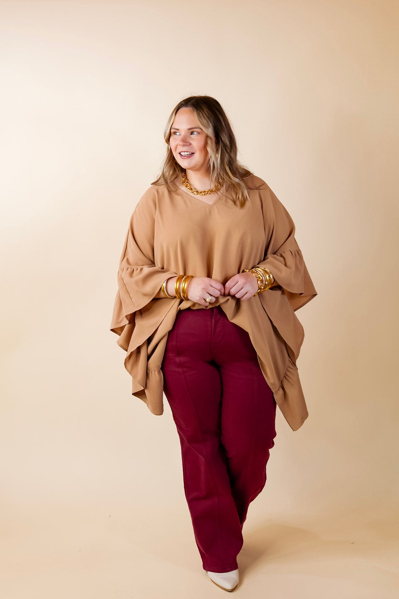 Secret Strength Ruffle Detail Poncho Top in Mocha Brown - Giddy Up Glamour Boutique