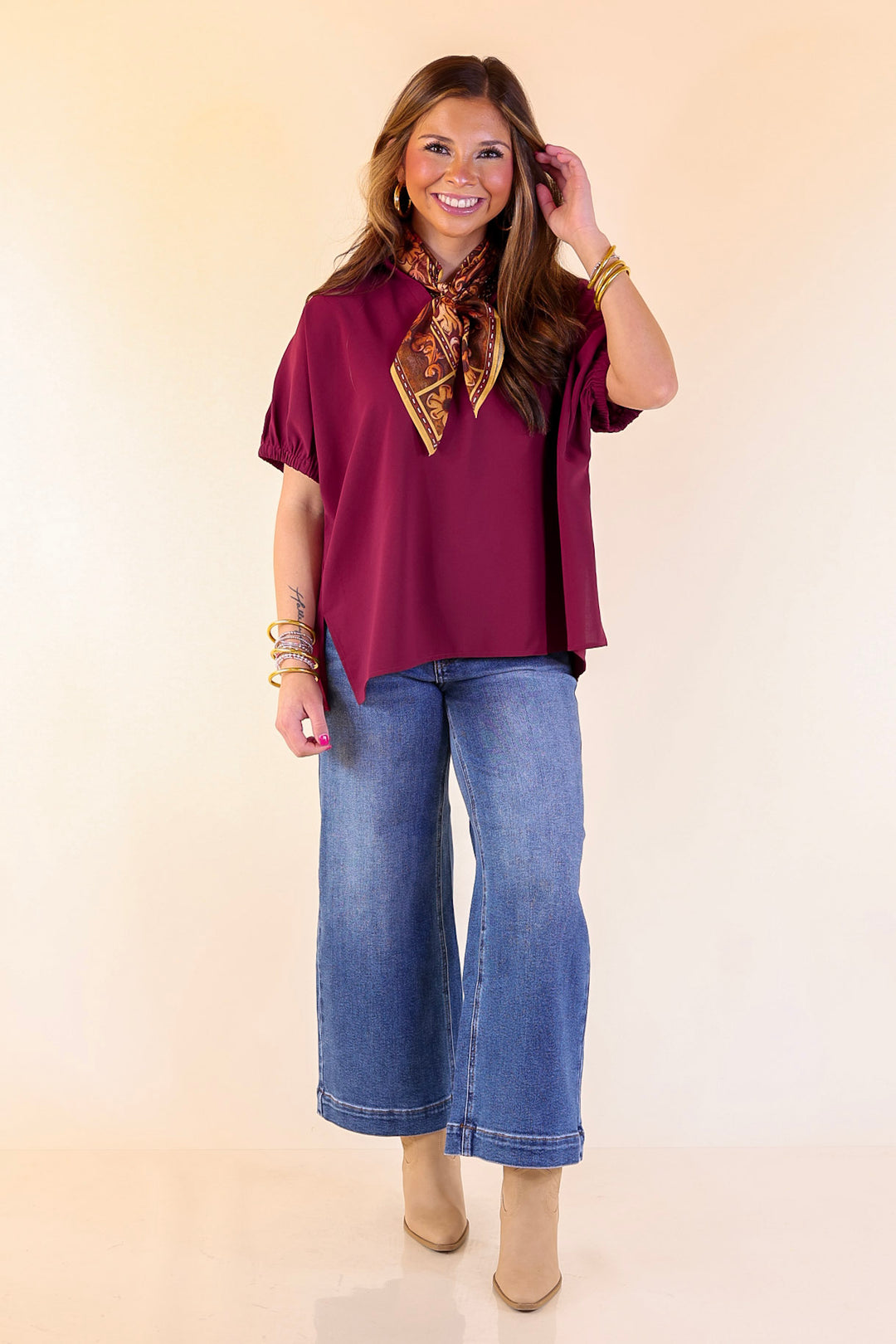 Fresh Start Collared V-Neck Blouse With Drop Shoulder in Maroon