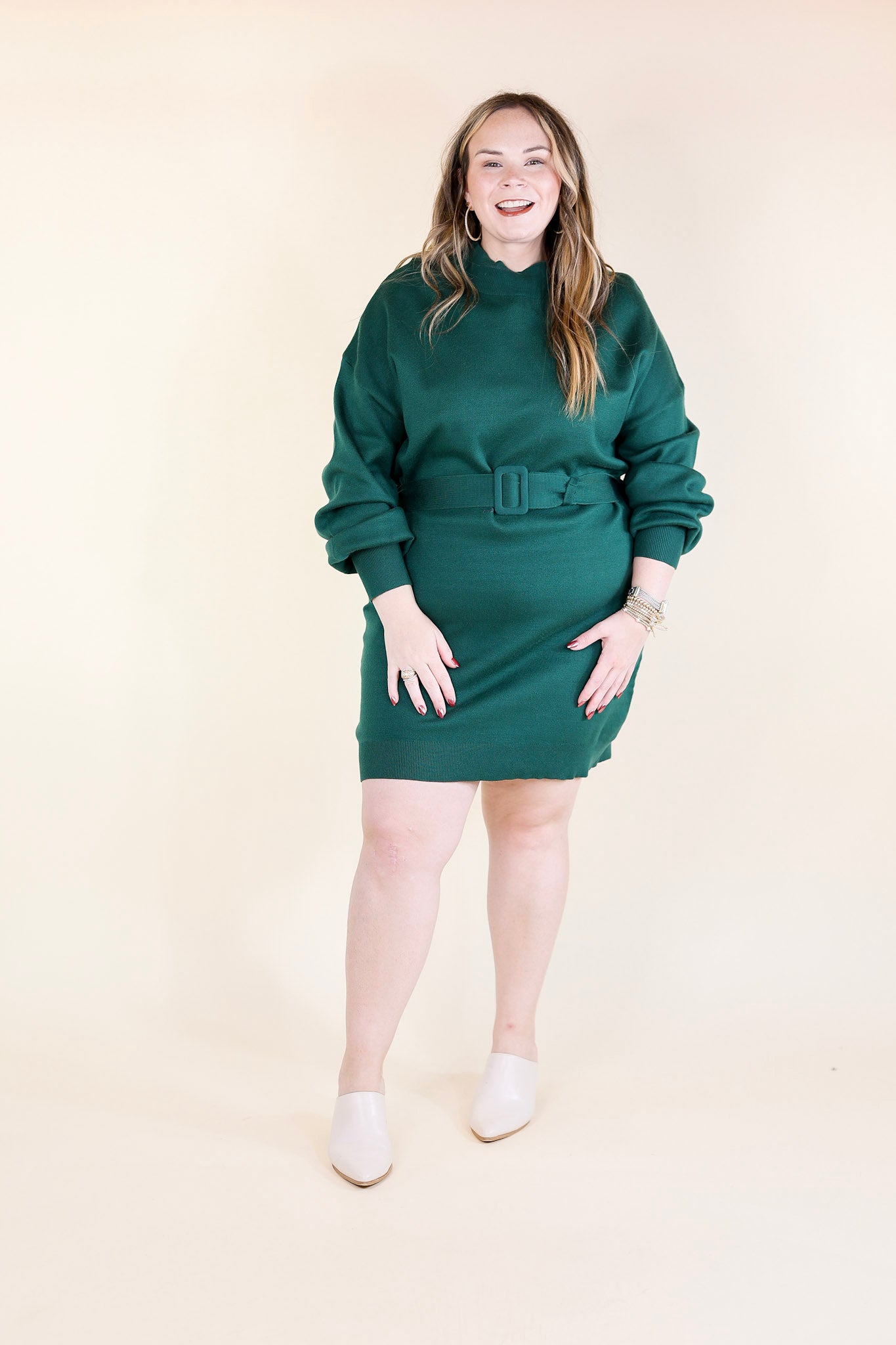 Luxurious Life Sweater Dress with Belt in Hunter Green