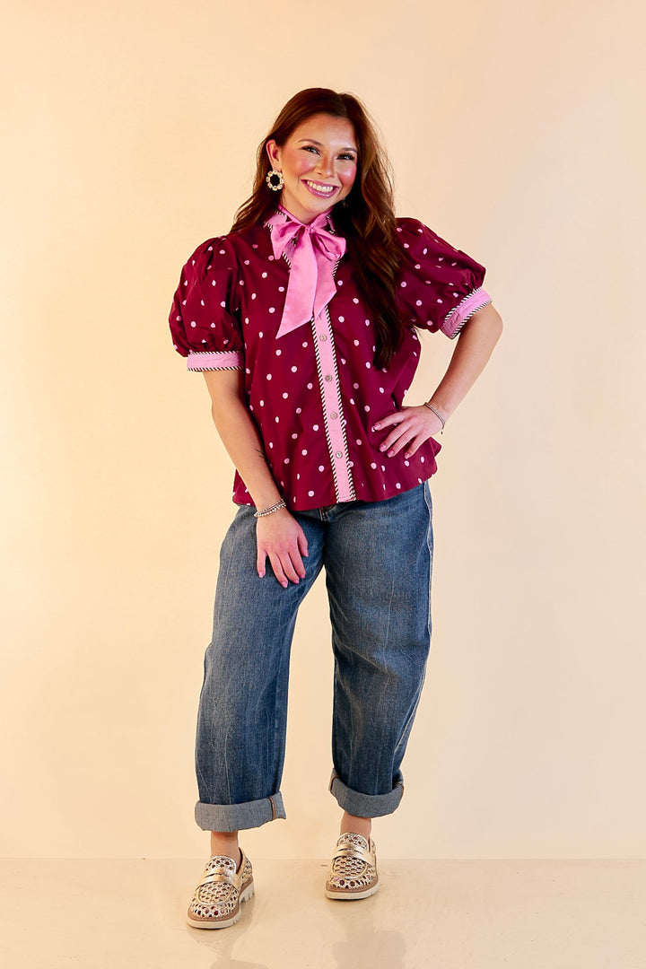 Pop of Polish Short Puff Sleeve Button Front Polka Dot Print Top with Contrast Trim in Maroon and Pink