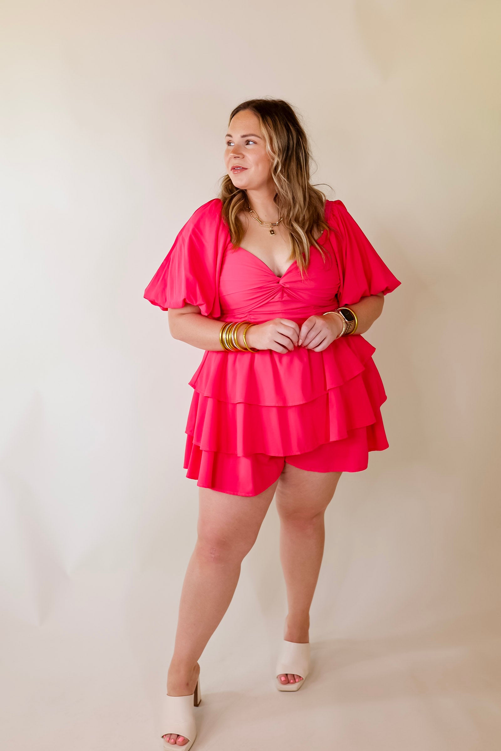 I Want It All Tiered Romper With Puffed Sleeves In Fuchsia Pink - Giddy Up Glamour Boutique