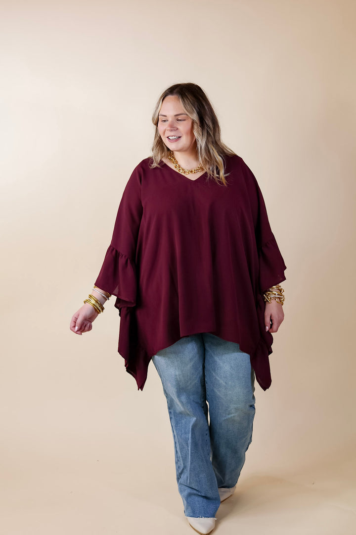 Secret Strength Ruffle Detail Poncho Top in Maroon - Giddy Up Glamour Boutique