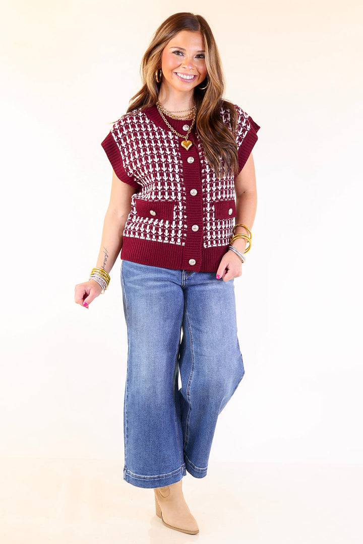 Statement Maker Button Front Large Tweed Sweater Vest in Maroon