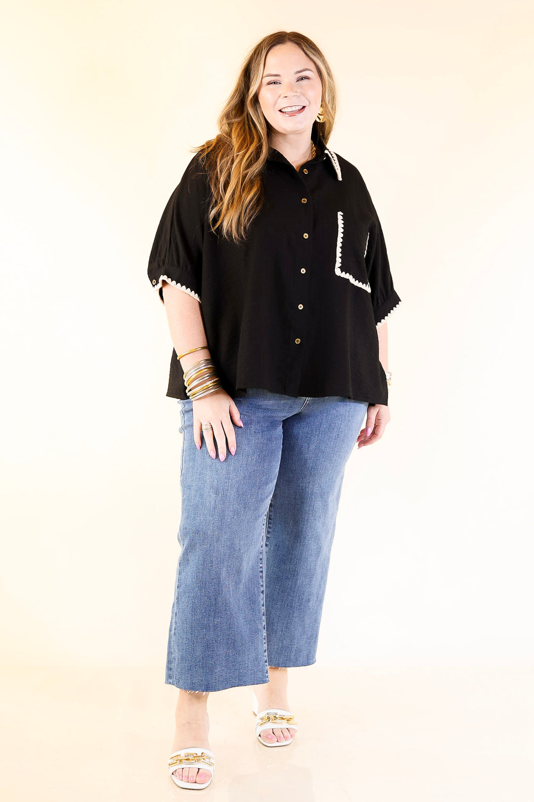 In Good Company Button Up Top with Scalloped Trim Stitching in Black