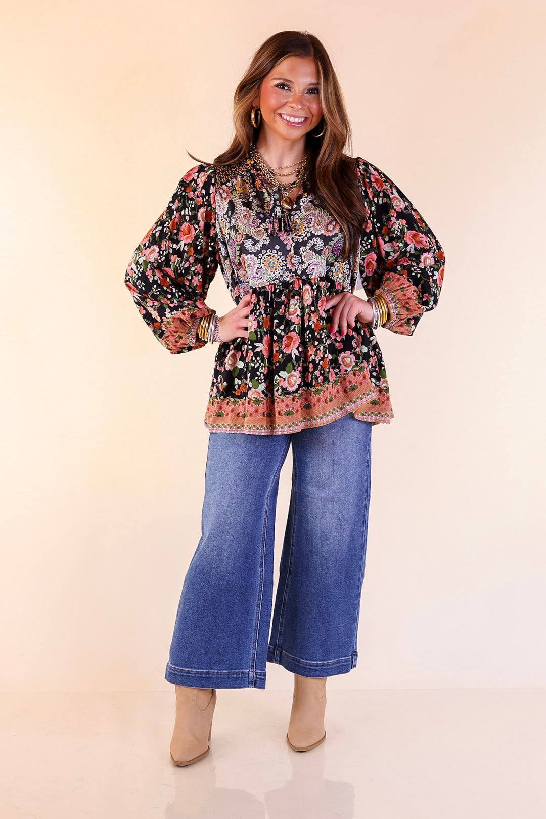 Floral Fusion Long Sleeve Floral Print Top in Black