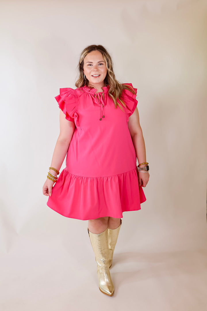 Powerful Love Ruffle Cap Sleeve Dress with Keyhole and Tie Neckline in Hot Pink - Giddy Up Glamour Boutique