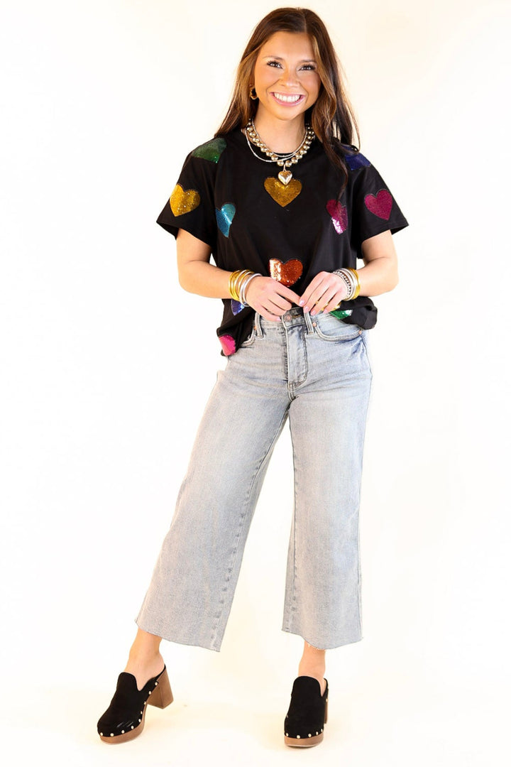 Queen Of Sparkles | Fluttering Hearts Multi-Colored Sequin Top in Black