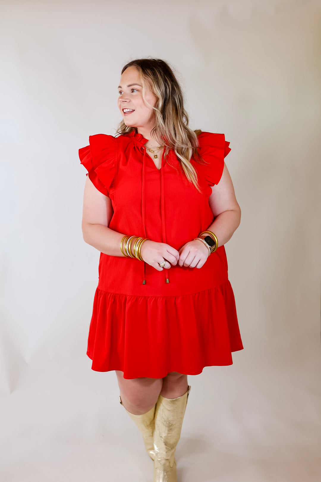 Powerful Love Ruffle Cap Sleeve Dress with Keyhole and Tie Neckline in Red - Giddy Up Glamour Boutique