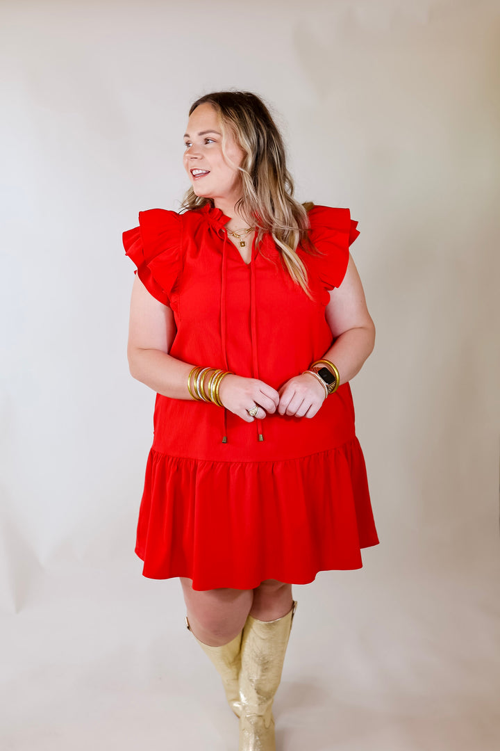Powerful Love Ruffle Cap Sleeve Dress with Keyhole and Tie Neckline in Red - Giddy Up Glamour Boutique