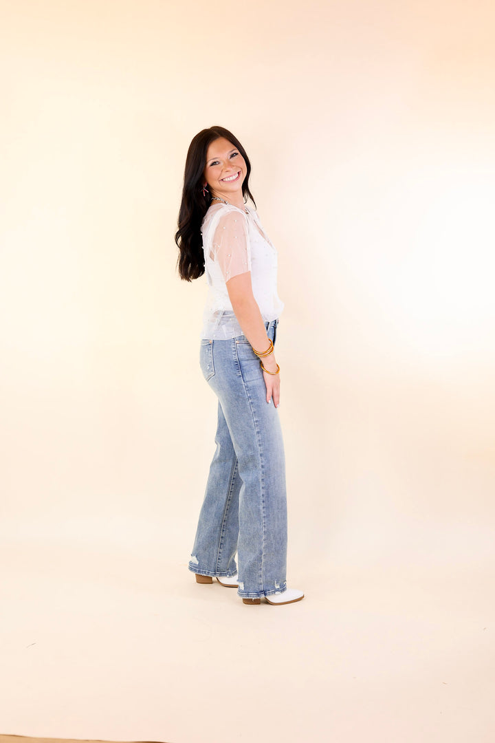 Shimmer in Style Mesh Short Sleeve Top with Pearls and Rhinestones in Off White