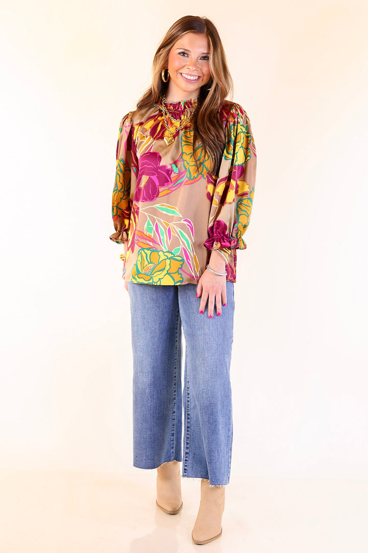 Follow Your Floral Long Sleeve Ruffle Mock Neck Top in Mocha