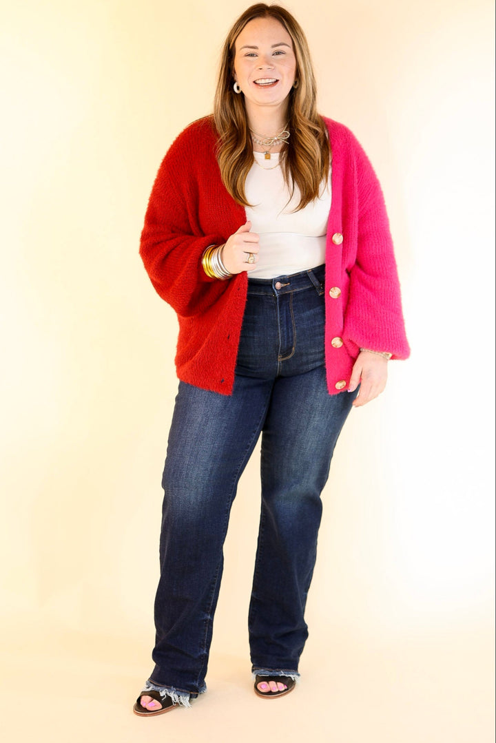 Fireside Feels Color Block Button Up Cardigan with Balloon Sleeves in Hot Pink and Red