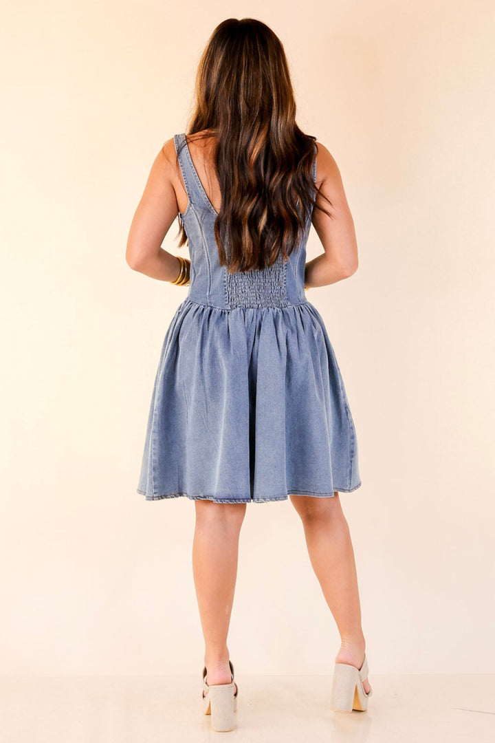 Flirt Factor Corset Denim Dress with Smoked Back in Denim