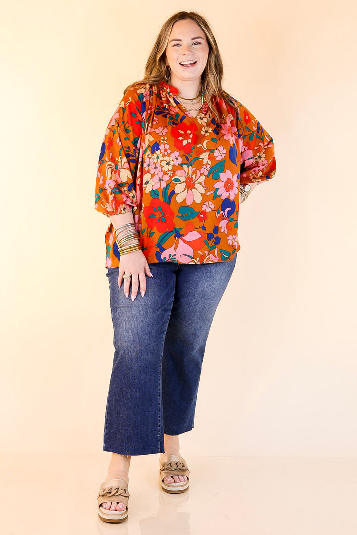 Falling For Floral 3/4 Sleeve Top with Notched Neck in Camel Brown
