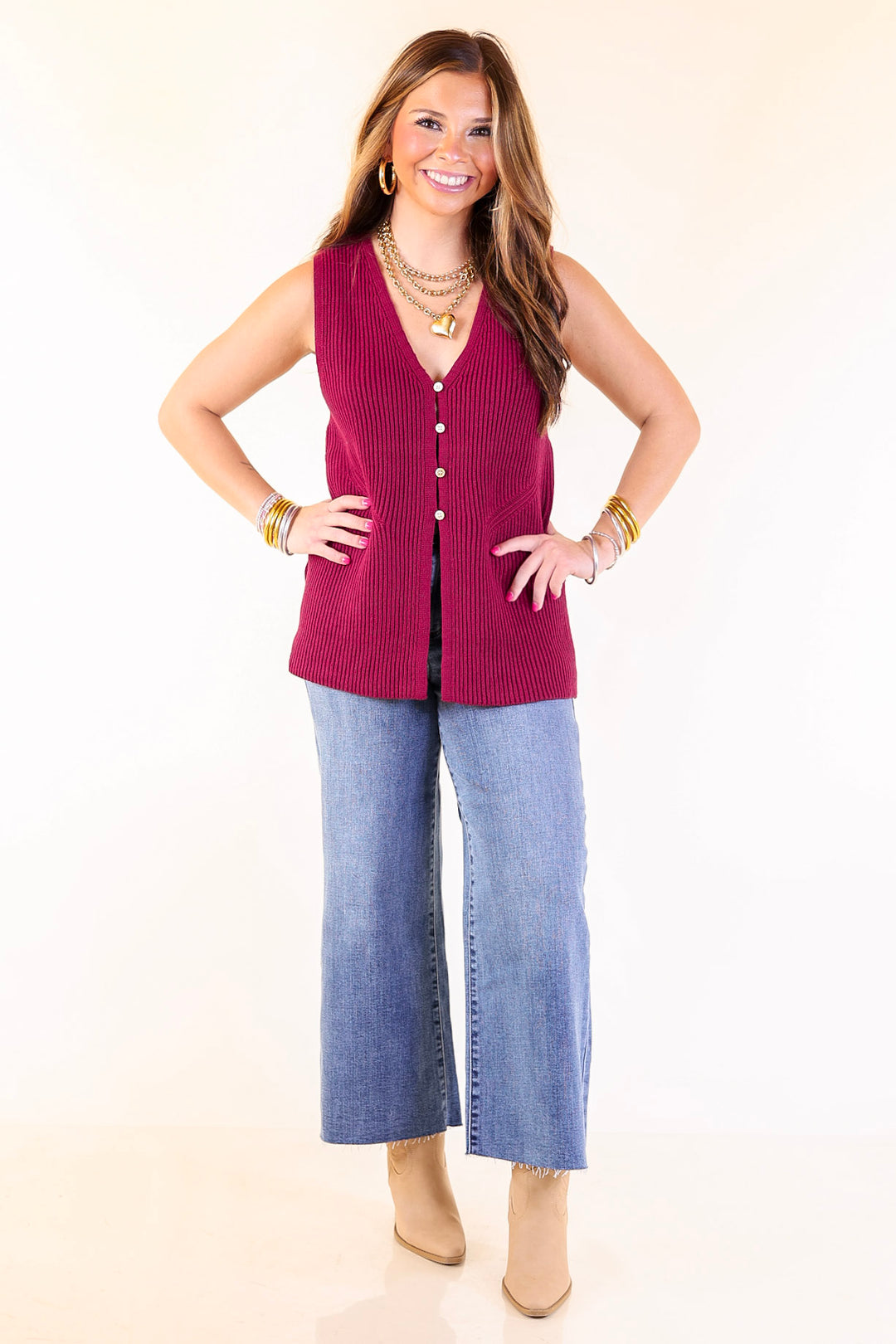 Sharp and Chic Button Front Ribbed Knit Sweater Vest in Maroon
