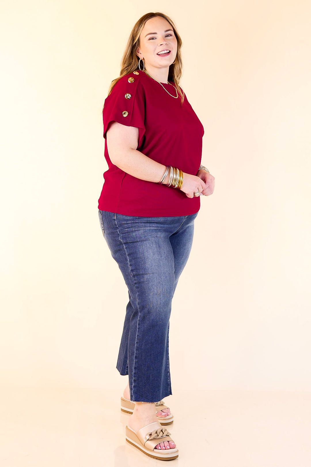 Golden Hour Glow Ribbed Crew Neck Top With Gold Button Detailing in Maroon