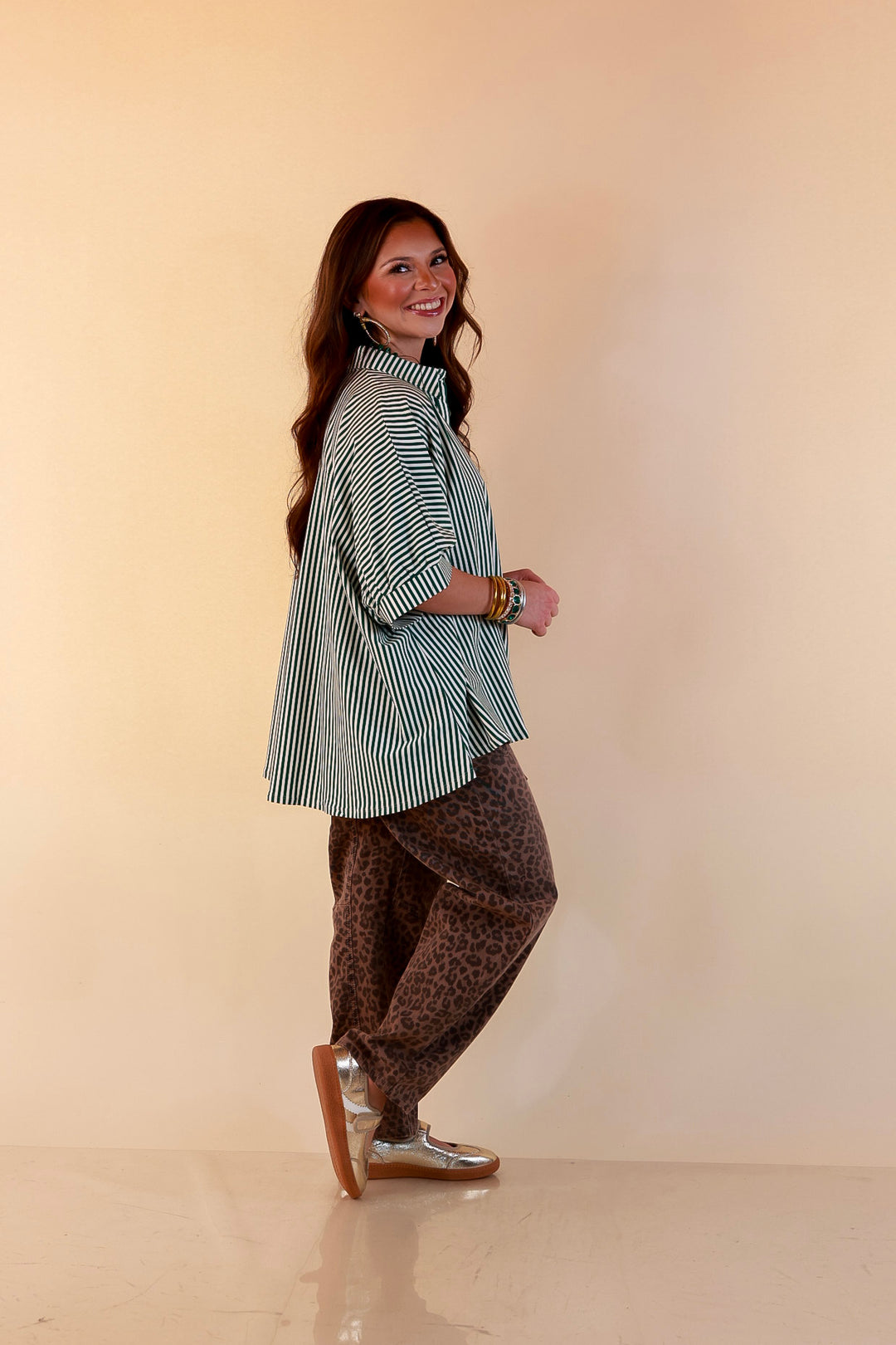 Perfectly Aligned Button Down Collared Top with Vertical Ivory Stripe Detail in Forest Green