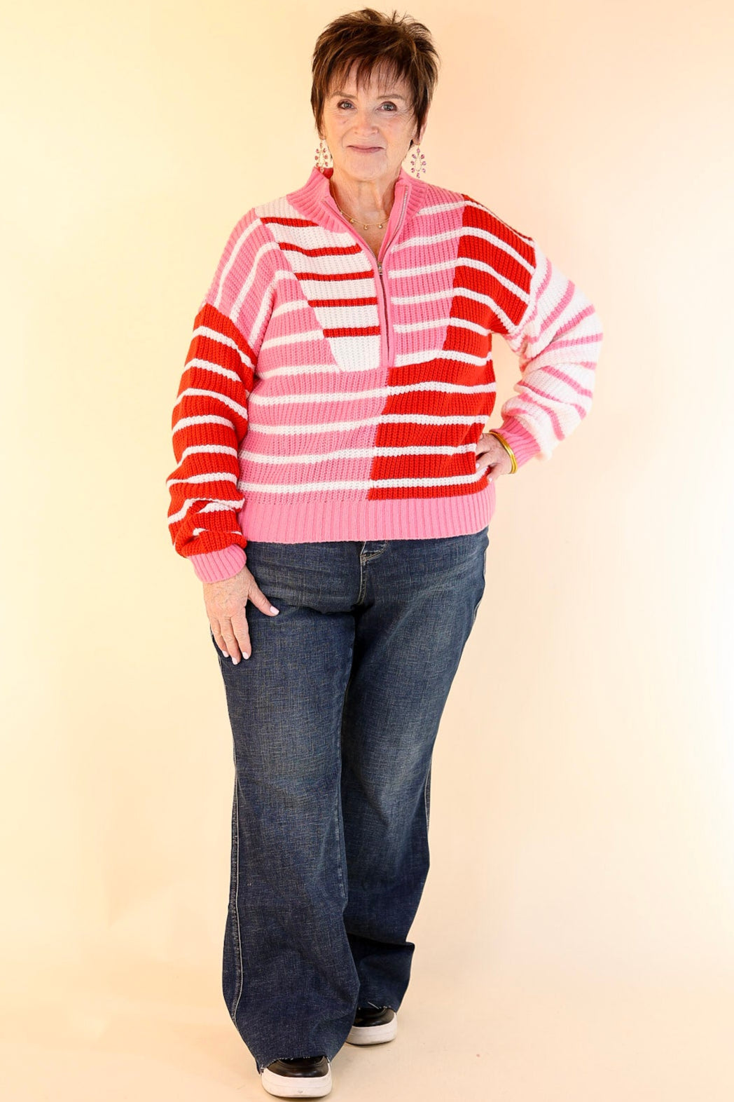 Sweetheart Stripe Half Zip Striped Sweater in Red and Pink