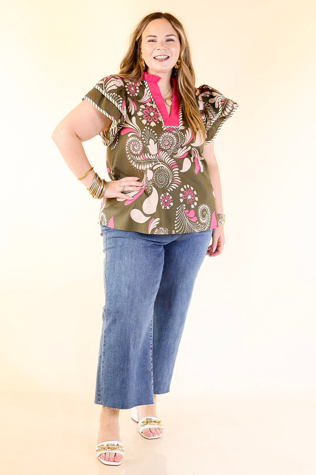 First Impressions V Neck Paisley Top with Ruffle Cap Sleeves and Stripe Detailing in Olive Green