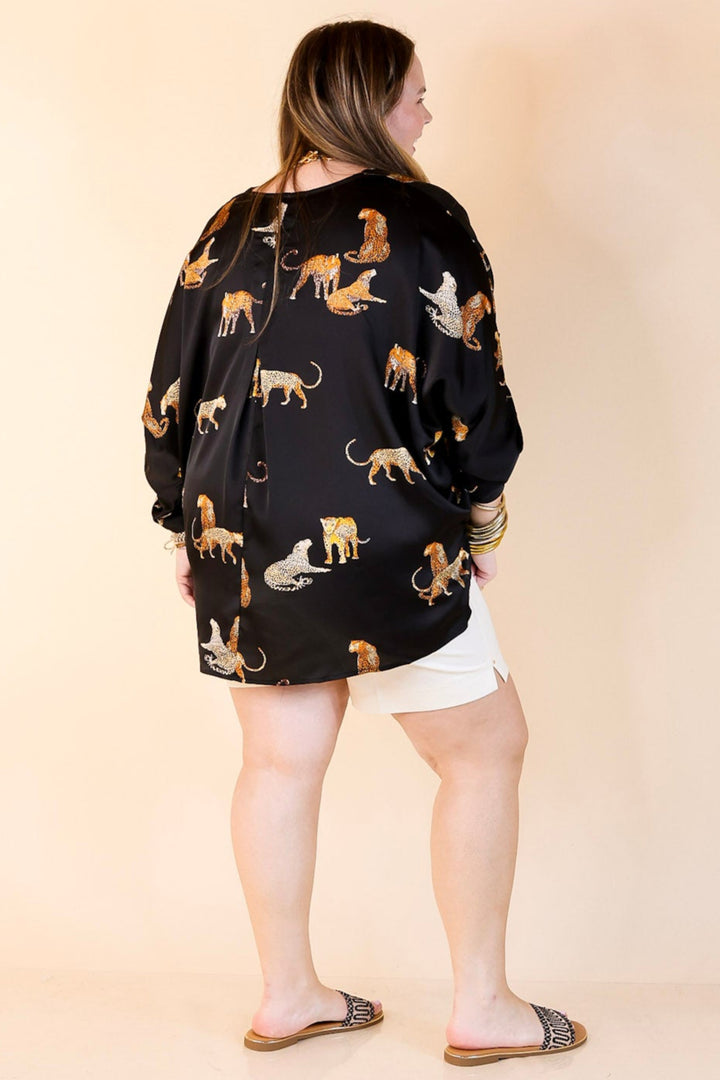 Staying Wild V-Neck Leopard Print 3/4 Sleeve Blouse in Black