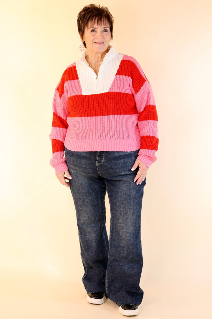 Candy Crush Half Zip Striped Rugby Style Sweater in Red and Pink