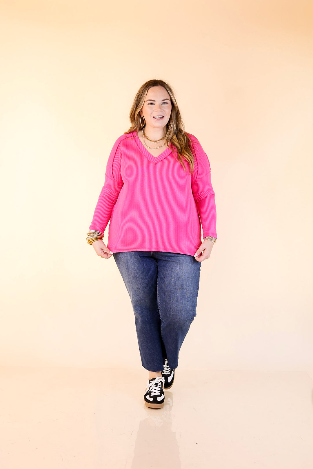 Daily Perfection V-Neck Long Sleeve Ribbed Top in Hot Pink
